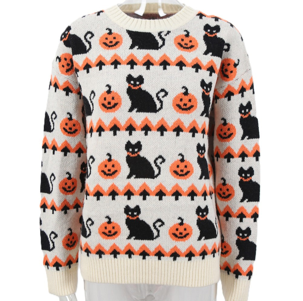 Spooky Pumpkin Cat Jacquard Crewneck Sweater - Beige - 2