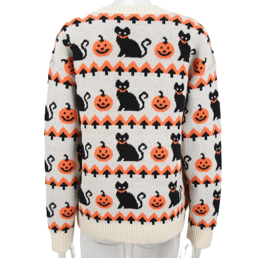 Spooky Pumpkin Cat Jacquard Crewneck Sweater - Beige - 3