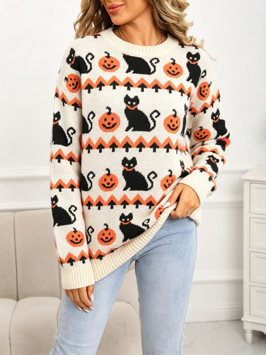 Spooky Pumpkin Cat Jacquard Crewneck Sweater - Beige - 5