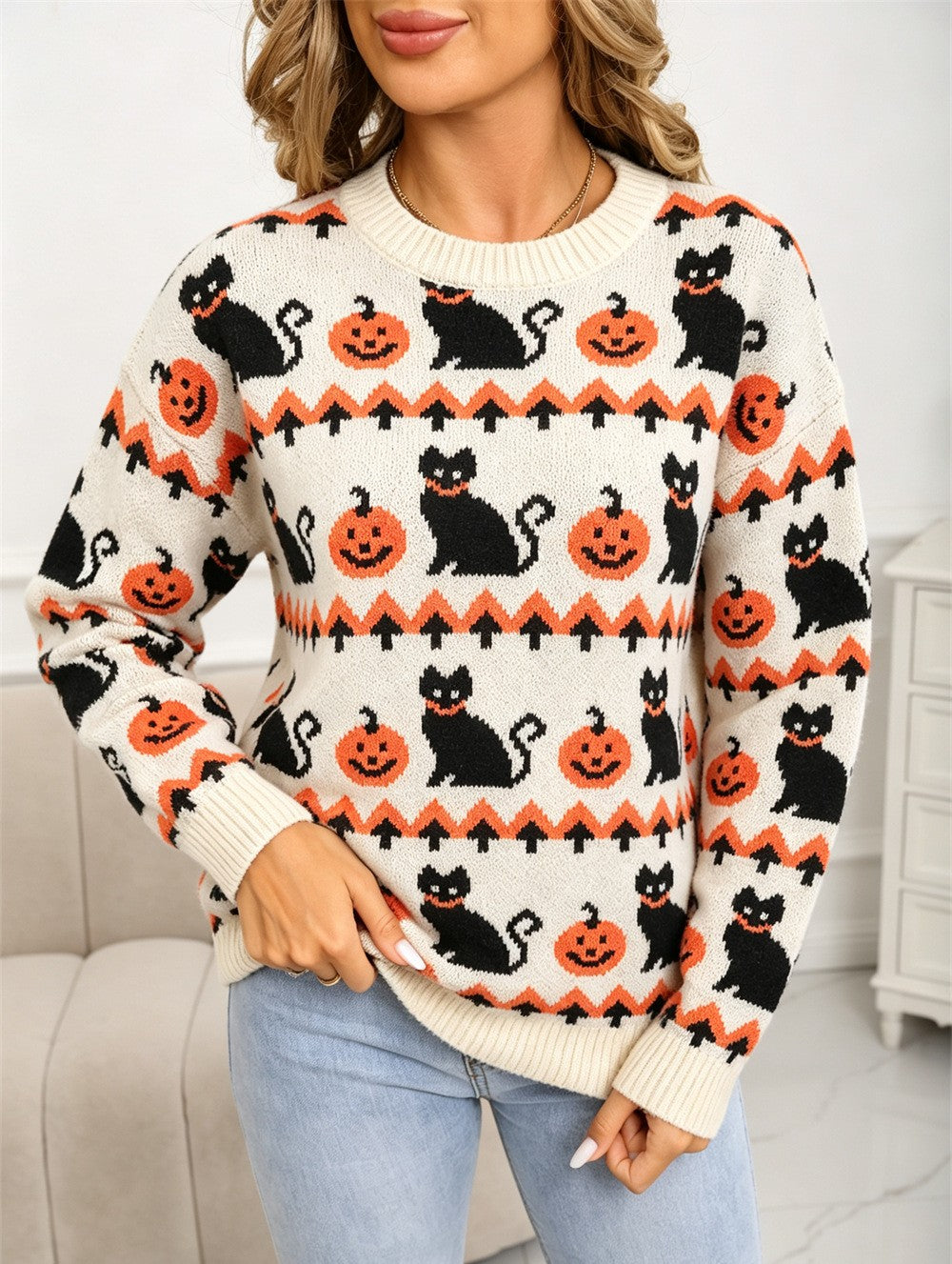 Spooky Pumpkin Cat Jacquard Crewneck Sweater - Beige - 6