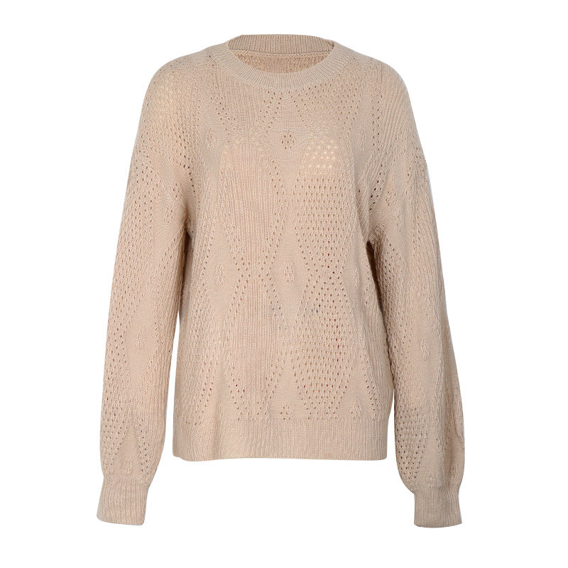 Open Stitch Diamond Pattern Crewneck Sweater - Khaki - 1