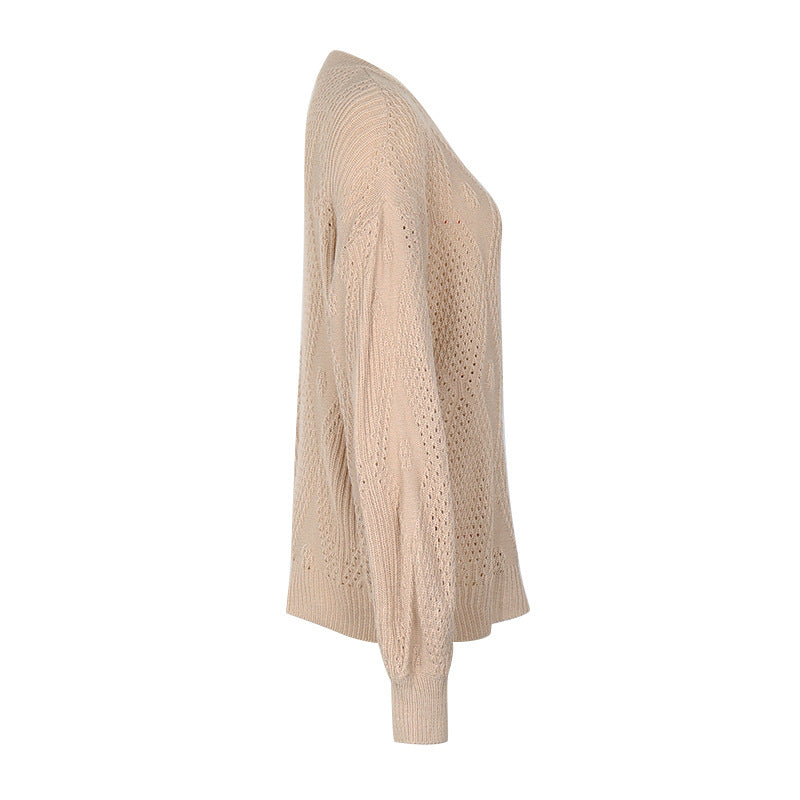 Open Stitch Diamond Pattern Crewneck Sweater - Khaki - 2