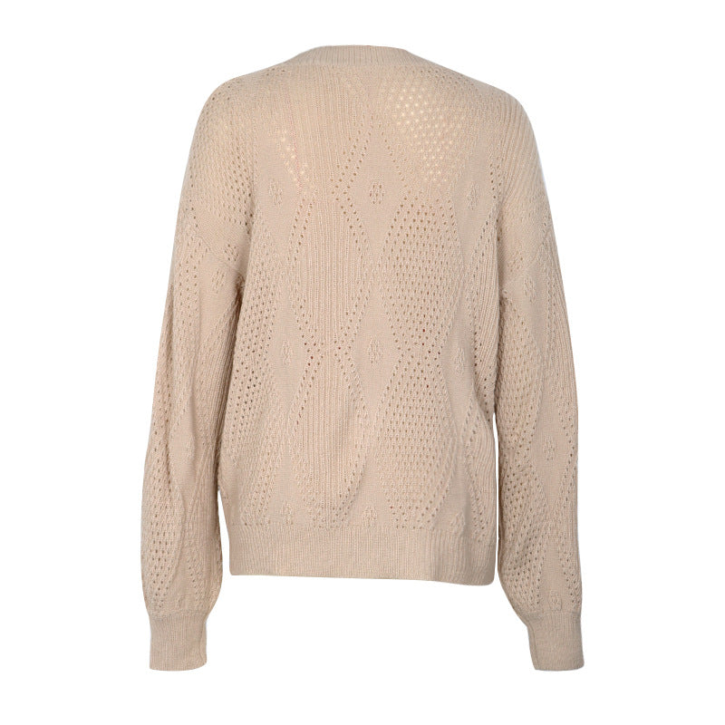 Open Stitch Diamond Pattern Crewneck Sweater - Khaki - 3