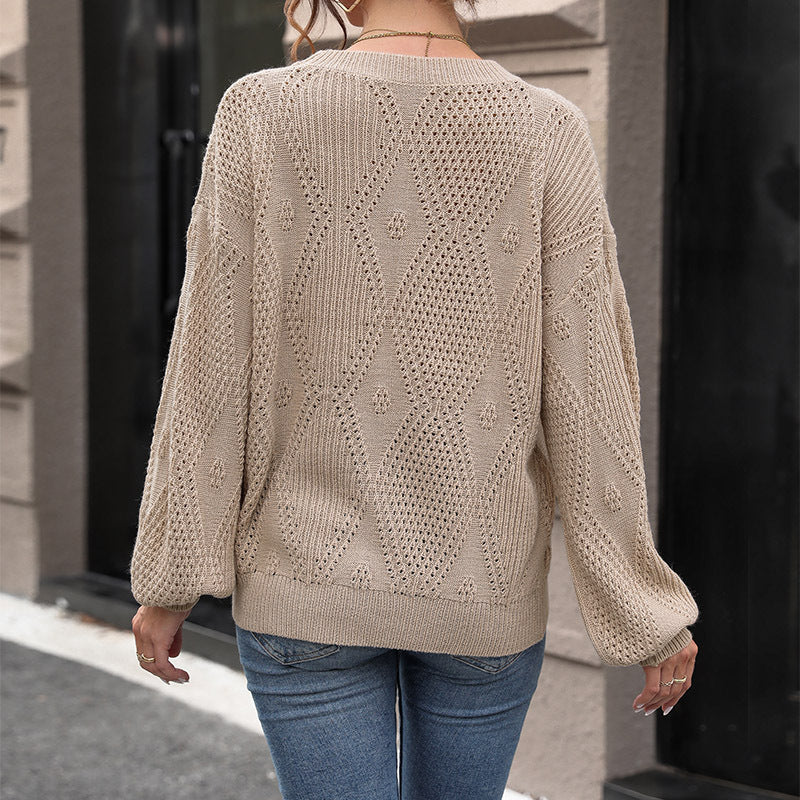 Open Stitch Diamond Pattern Crewneck Sweater - Khaki - 4