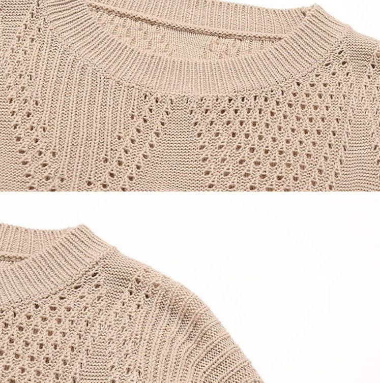 Open Stitch Diamond Pattern Crewneck Sweater - Khaki - 6