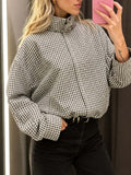 Gingham Check Zip Up Cocoon Jacket - Grey