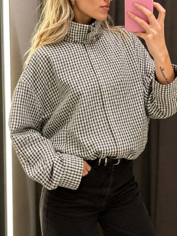 Gingham Check Zip Up Cocoon Jacket - Grey