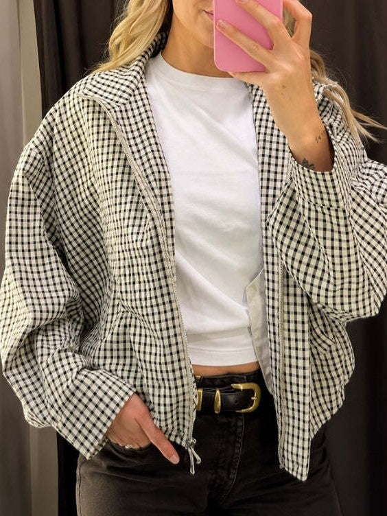 Gingham Check Zip Up Cocoon Jacket - Grey - 1