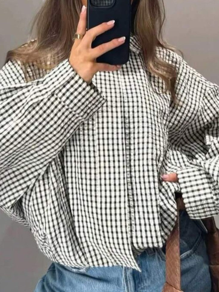 Gingham Check Zip Up Cocoon Jacket - Grey - 2