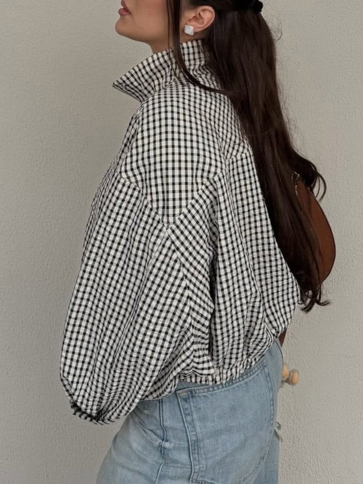 Gingham Check Zip Up Cocoon Jacket - Grey - 3