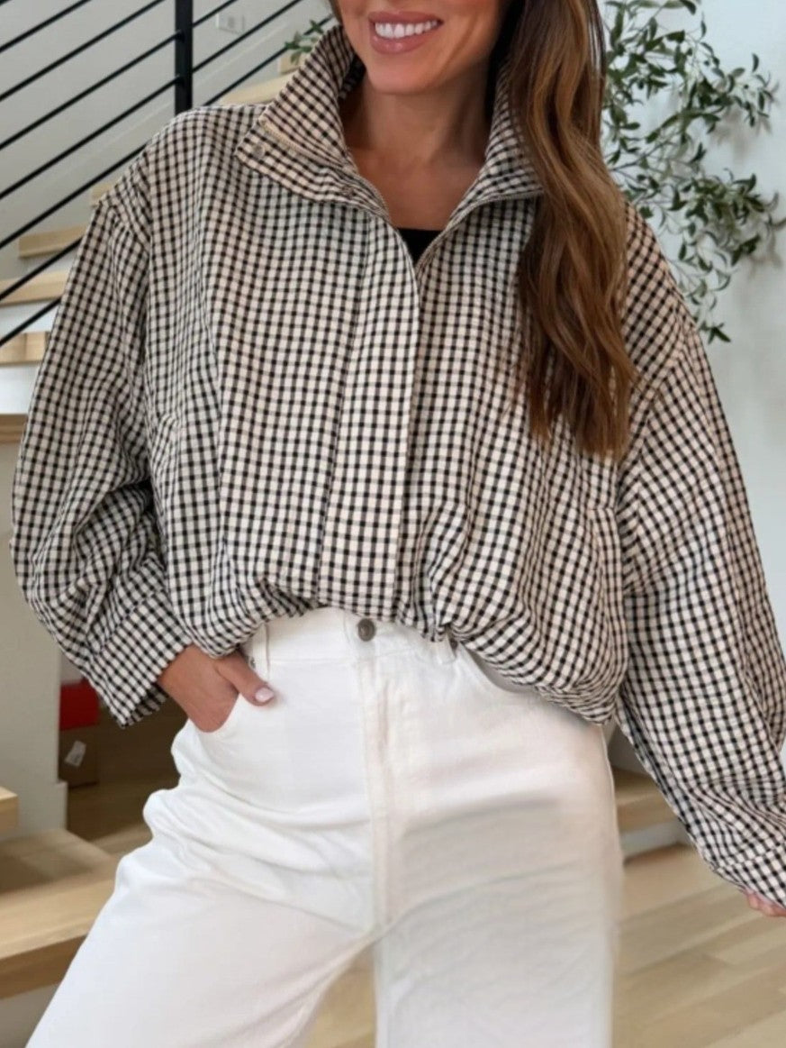 Gingham Check Zip Up Cocoon Jacket - Grey - 4