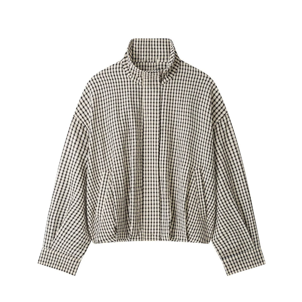Gingham Check Zip Up Cocoon Jacket - Grey - 5