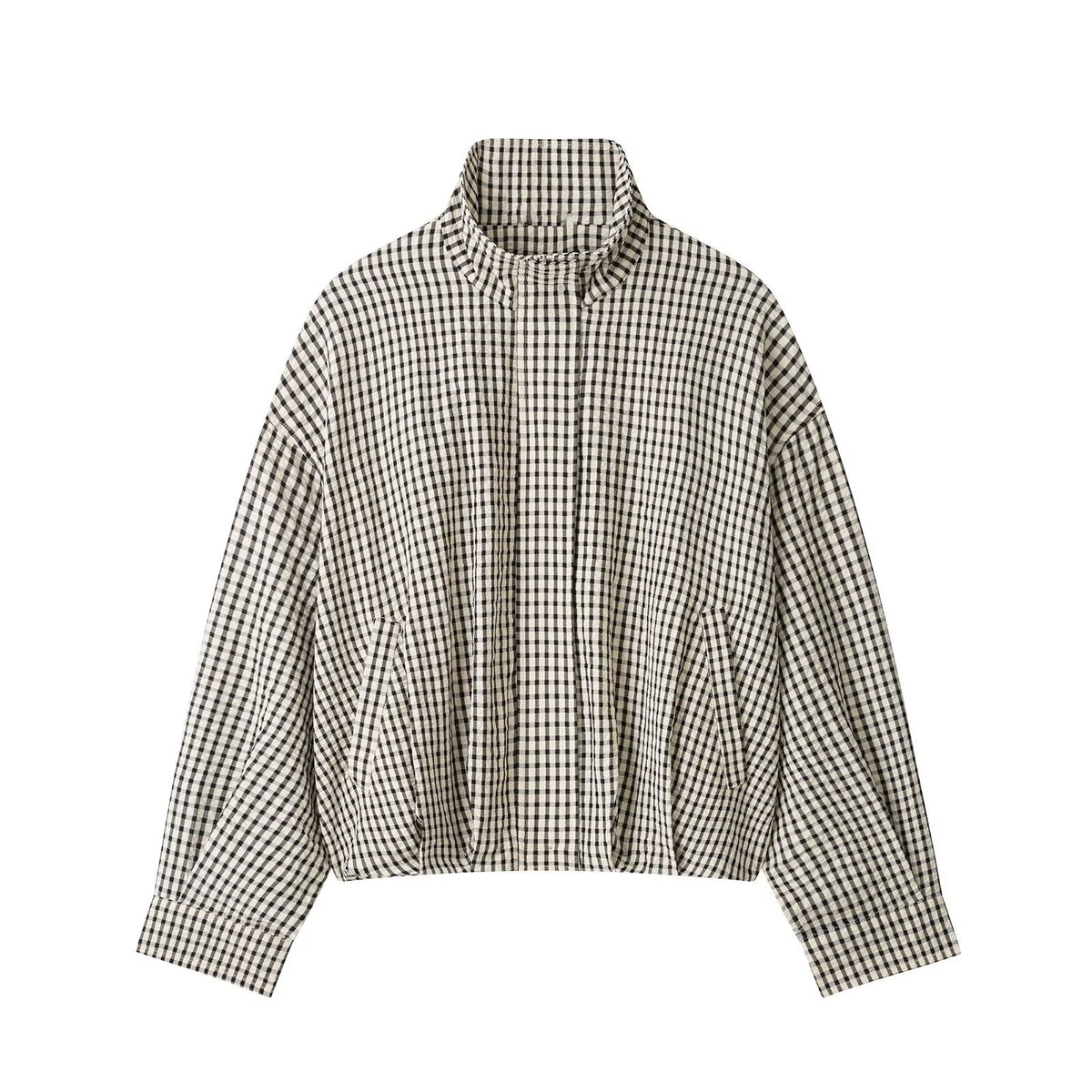 Gingham Check Zip Up Cocoon Jacket - Grey - 5
