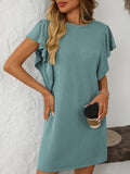 Ruffle Sleeve Ribbed Shift Mini Dress - Green