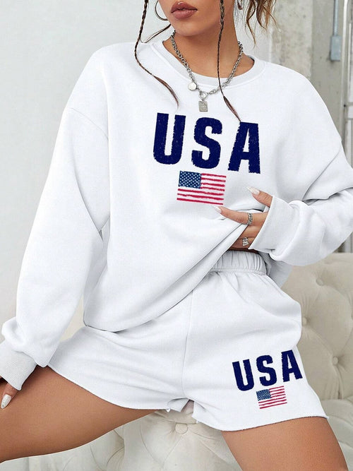 Americana Graphic Sweatshirt And Shorts Set - white