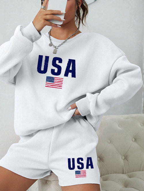 Americana Graphic Sweatshirt And Shorts Set - white - 1