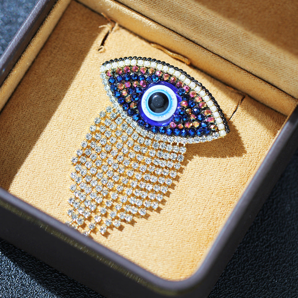 Crystal Evil Eye Tassel Brooch - Blue