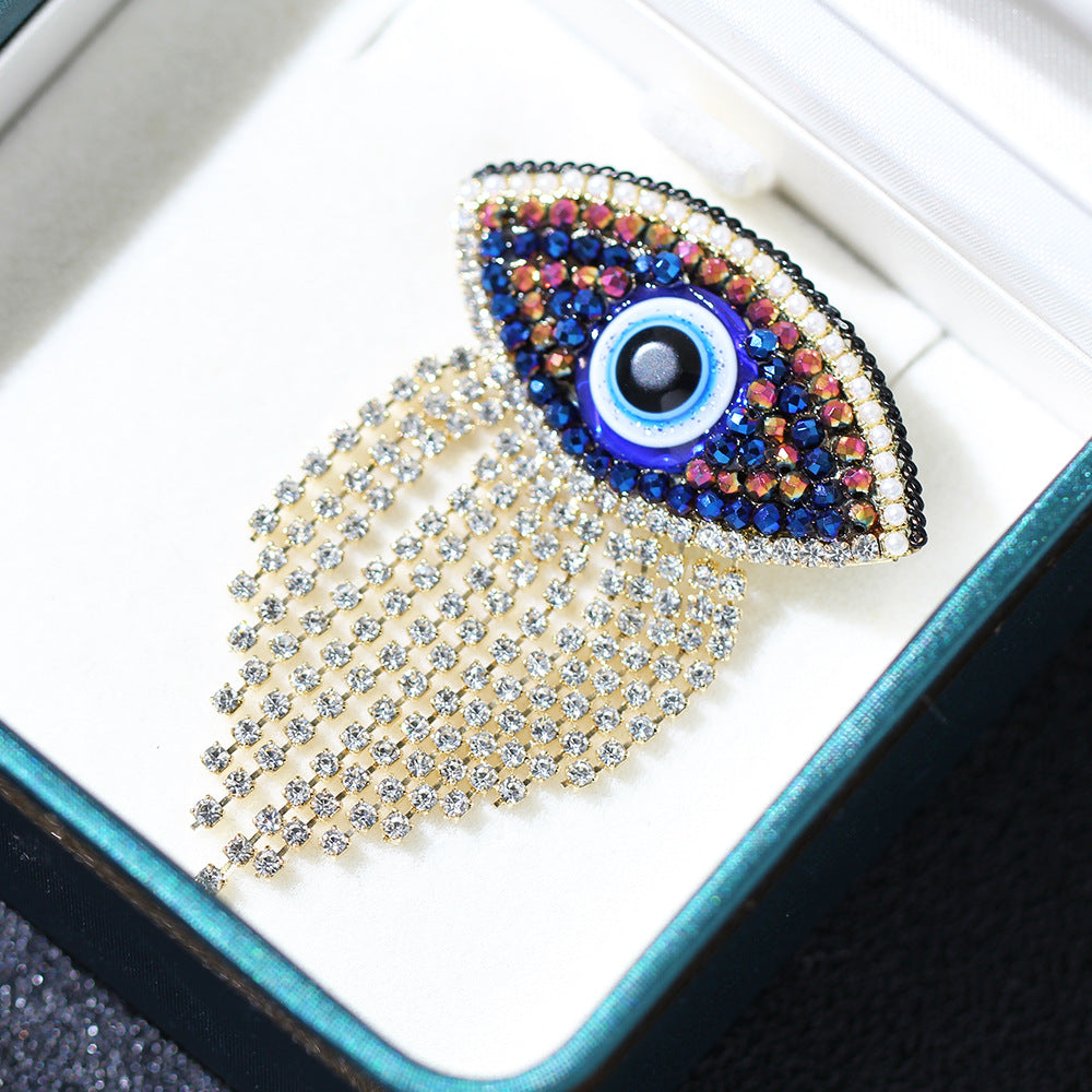 Crystal Evil Eye Tassel Brooch - Blue - 1