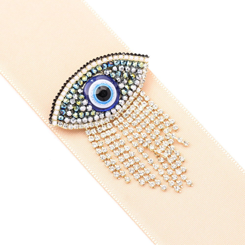 Crystal Evil Eye Tassel Brooch - Green