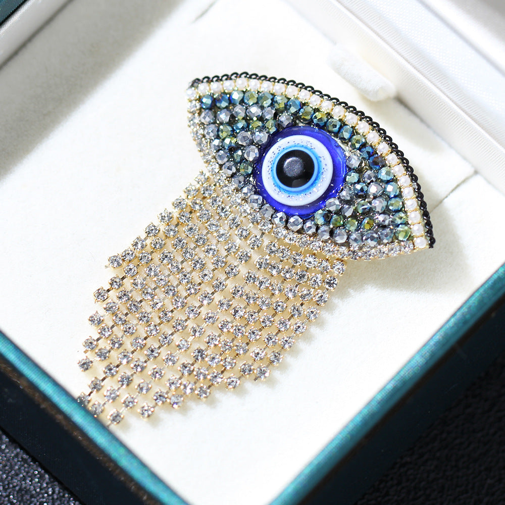 Crystal Evil Eye Tassel Brooch - Green - 1
