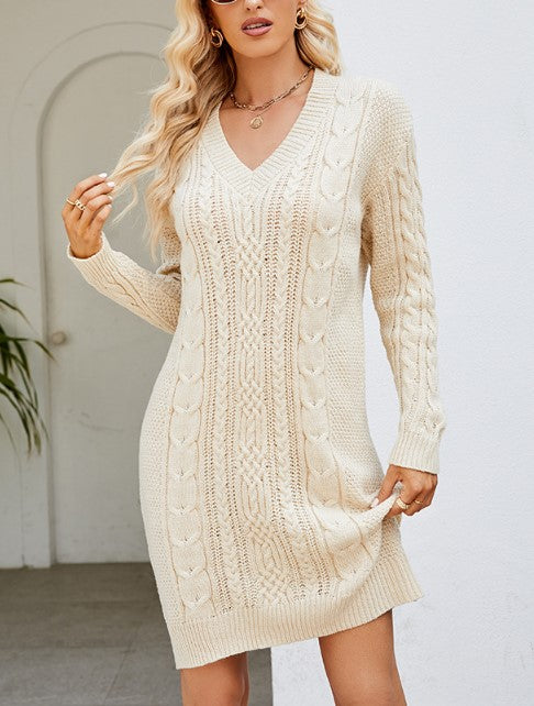 Textured Cable V-Neck Sweater Dress - Apricot