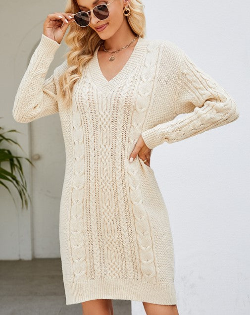 Textured Cable V-Neck Sweater Dress - Apricot - 2