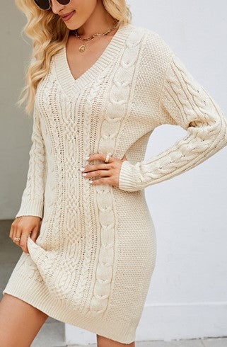 Textured Cable V-Neck Sweater Dress - Apricot - 3