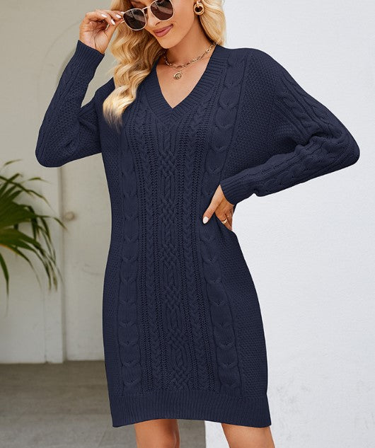 Textured Cable V-Neck Sweater Dress - Navy