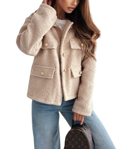 Cropped Teddy Plush Button Front Jacket - Apricot