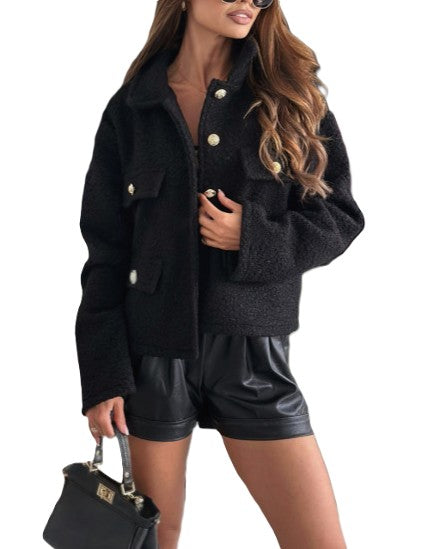 Cropped Teddy Plush Button Front Jacket - Black