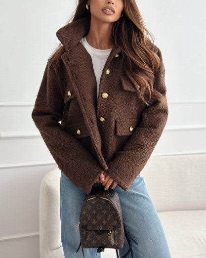 Cropped Teddy Plush Button Front Jacket - Coffee