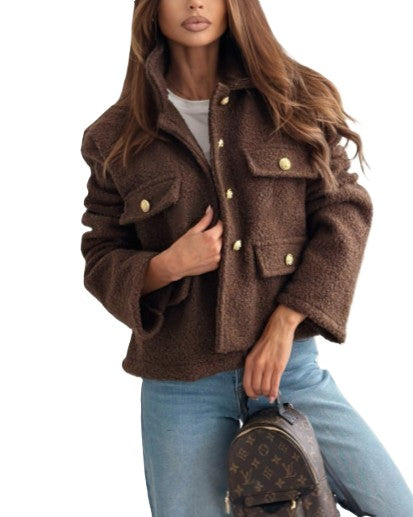 Cropped Teddy Plush Button Front Jacket - Coffee - 1