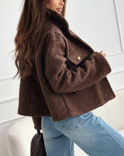 Cropped Teddy Plush Button Front Jacket - Coffee - 2