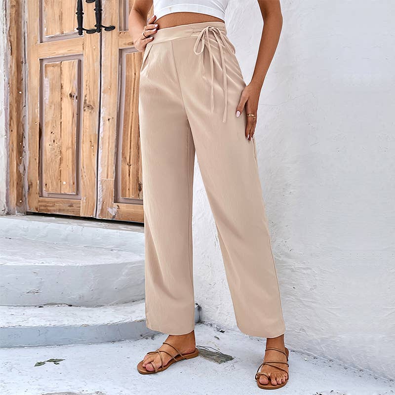 Tie Waist Straight Leg Trousers With Pockets