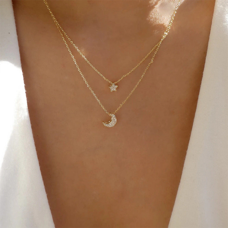 Layered Moon and Star Pendant Necklace - Gold