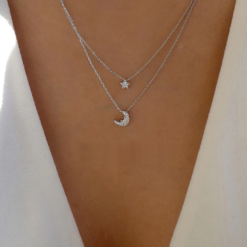 Layered Moon and Star Pendant Necklace - Silver