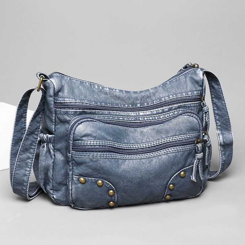Washed Faux Leather Multi Pocket Crossbody Bag