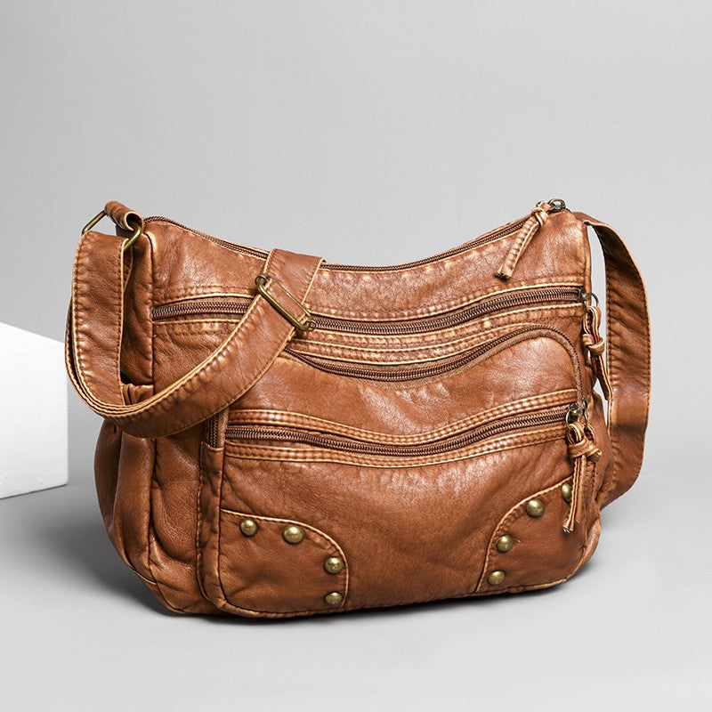 Washed Faux Leather Multi Pocket Crossbody Bag