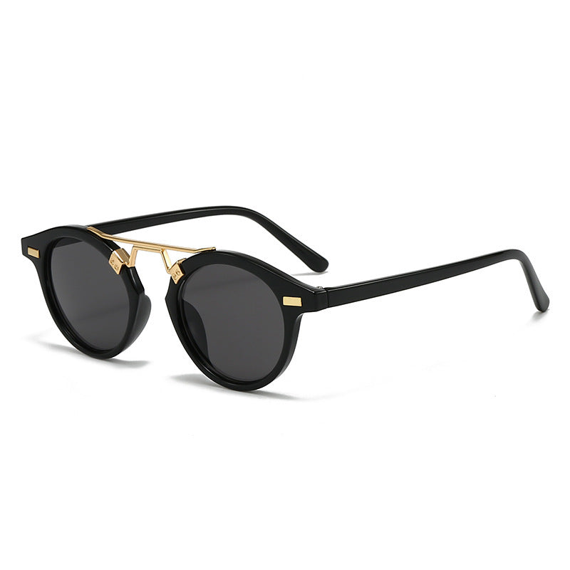 Round Frame Double Bridge Retro Sunglasses - Black