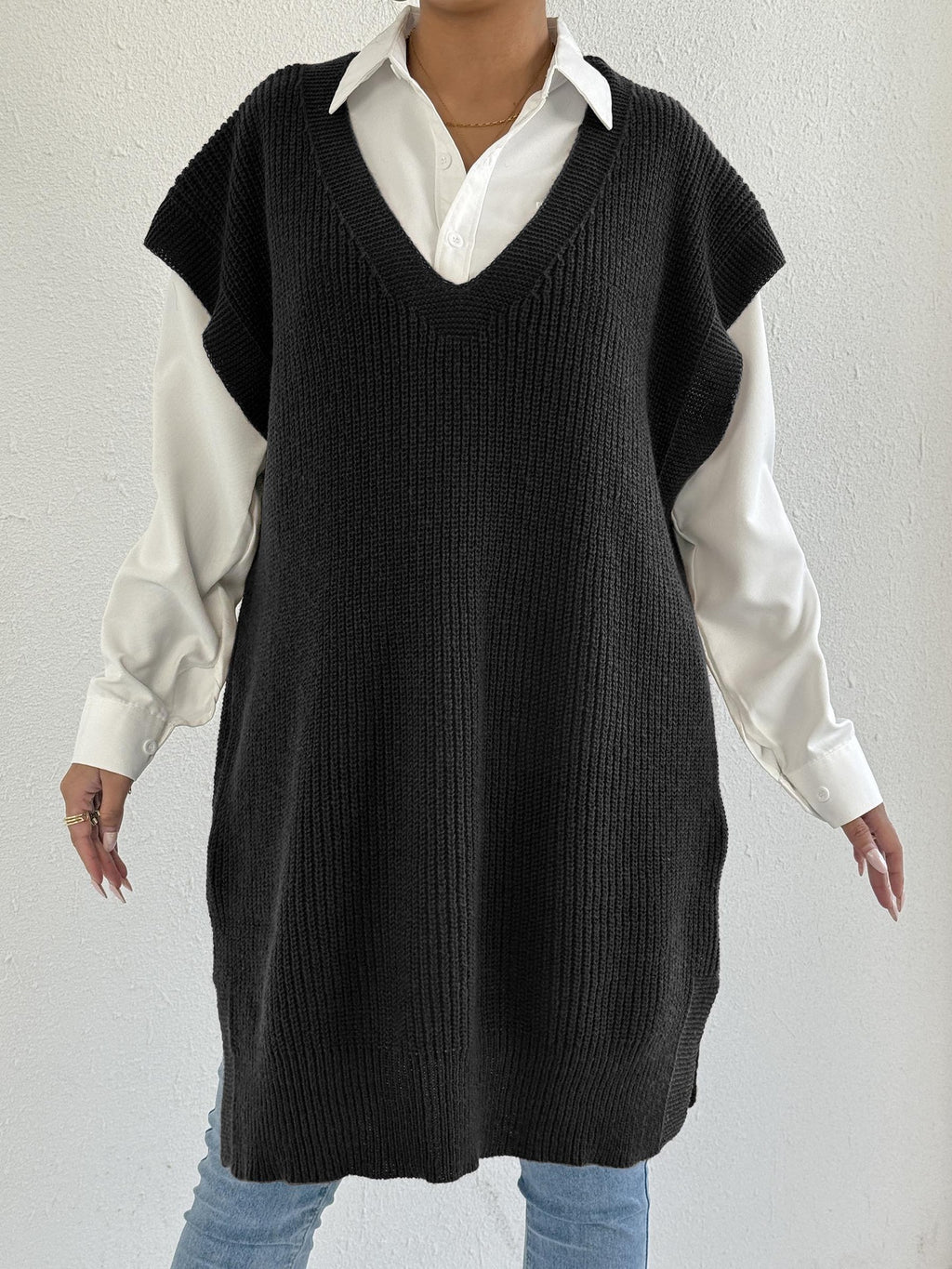 Sleeveless V Neck Knit Sweater Vest Dress - Black