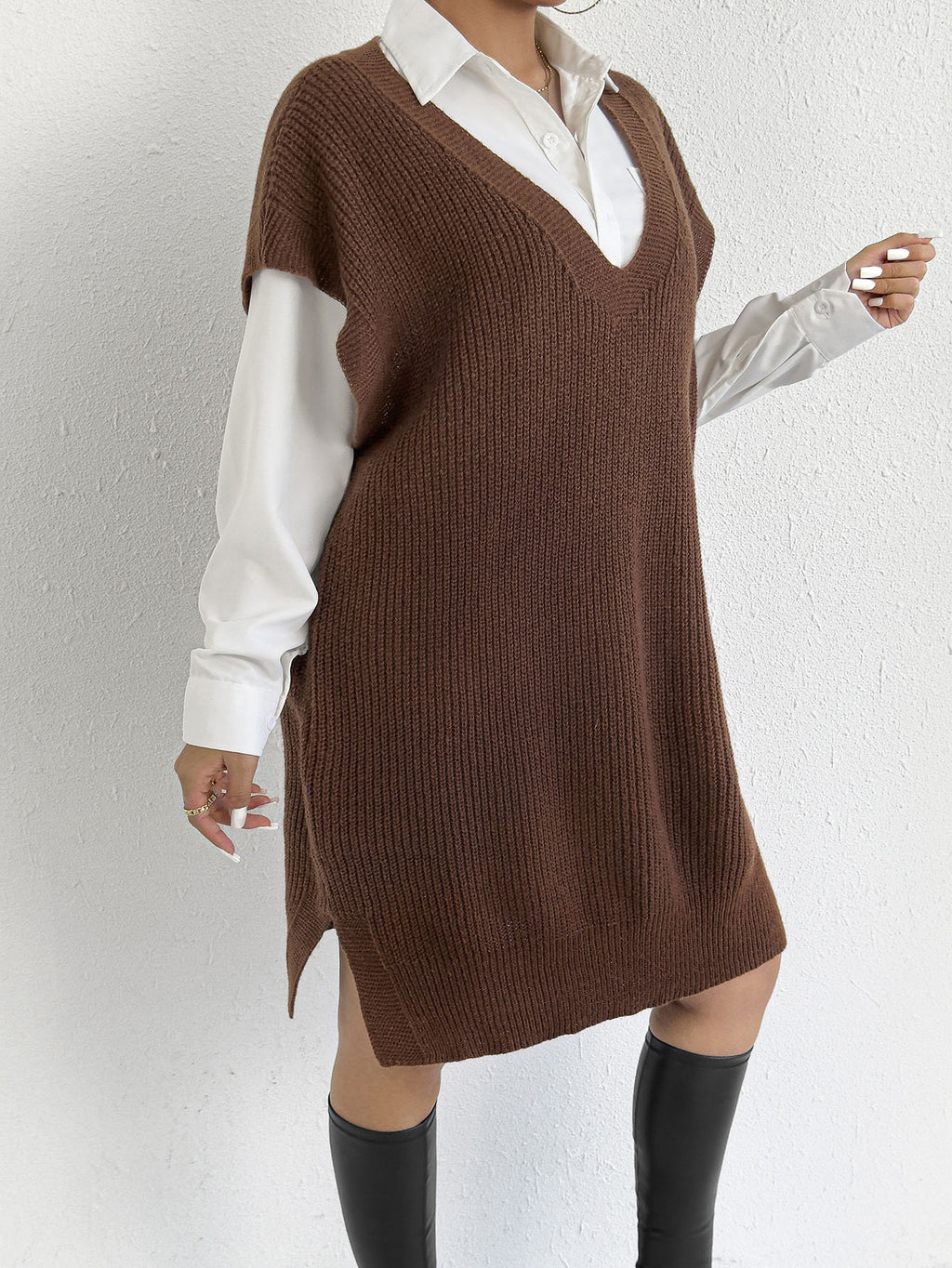 Sleeveless V Neck Knit Sweater Vest Dress - Coffee