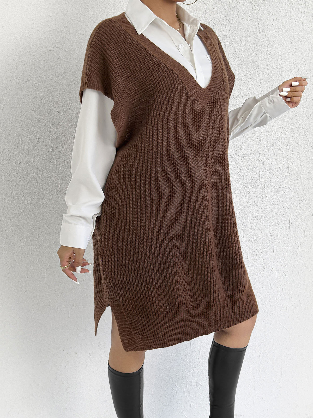 Sleeveless V Neck Knit Sweater Vest Dress - Coffee