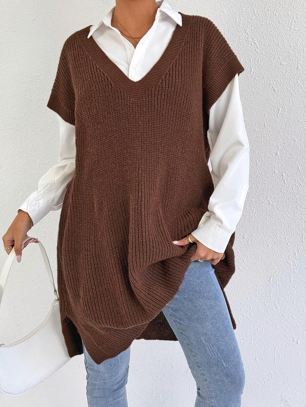 Sleeveless V Neck Knit Sweater Vest Dress - view 1