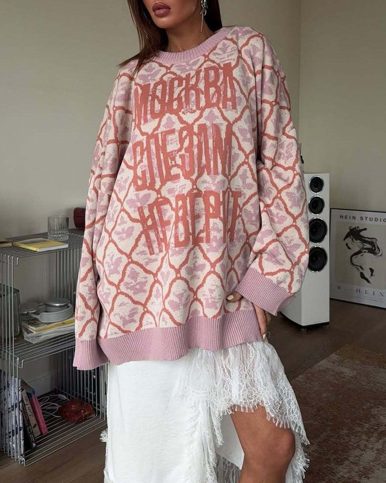 Oversized Lettering Jacquard Crewneck Knit Sweater - Red