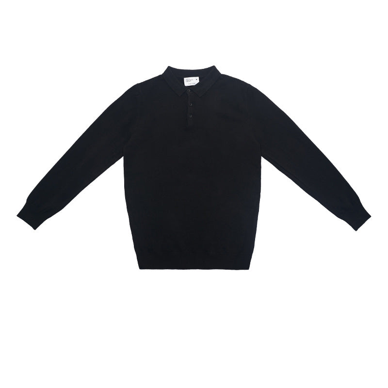 Fine Knit Long Sleeve Polo Shirt - Black