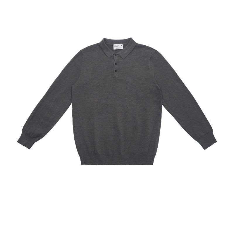 Fine Knit Long Sleeve Polo Shirt - Gray
