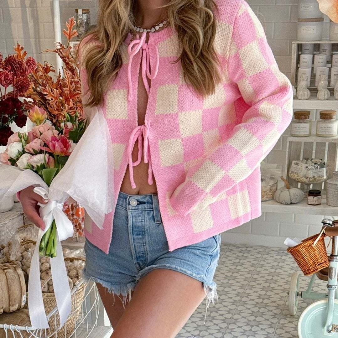 Checkerboard Tie Front Knit Cardigan - Pink - 2