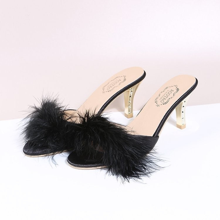 Feather Trim Open Toe Stiletto Slide Mules - Black