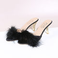 Feather Trim Open Toe Stiletto Slide Mules - Black