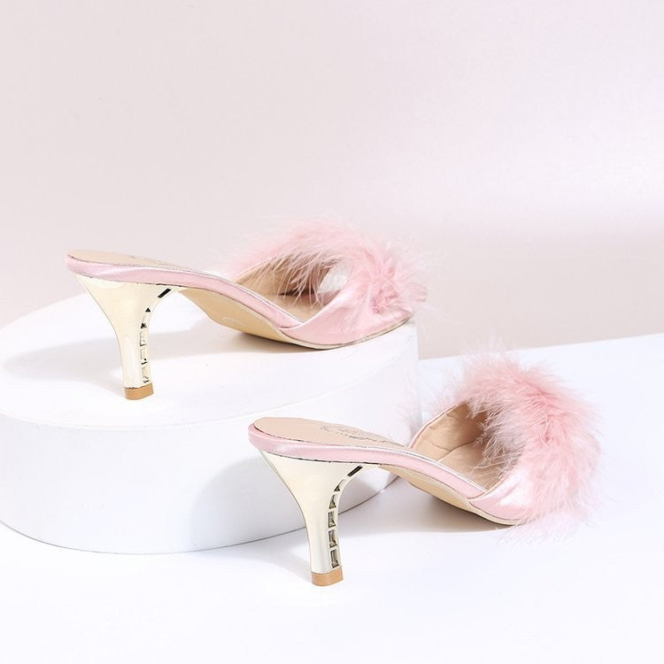 Feather Trim Open Toe Stiletto Slide Mules - Pink